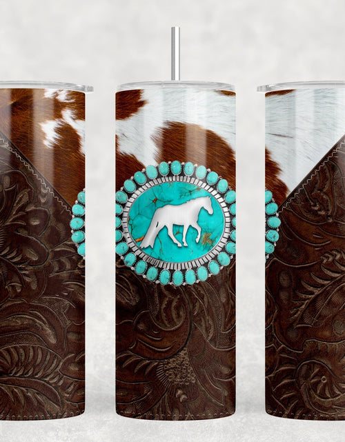 Load image into Gallery viewer, faux cowhide faux leather Horse - 20 oz Steel Skinny Tumbler - Optional Blue Tooth Speaker - Speaker Color will Vary by Rowdy Ridge Co
