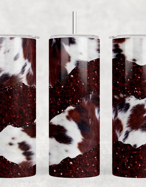 Load image into Gallery viewer, faux cowhide Maroon faux glitter|Skinny Tumbler|Optional Bluetooth Speaker| Speaker Color Varies by Rowdy Ridge Co
