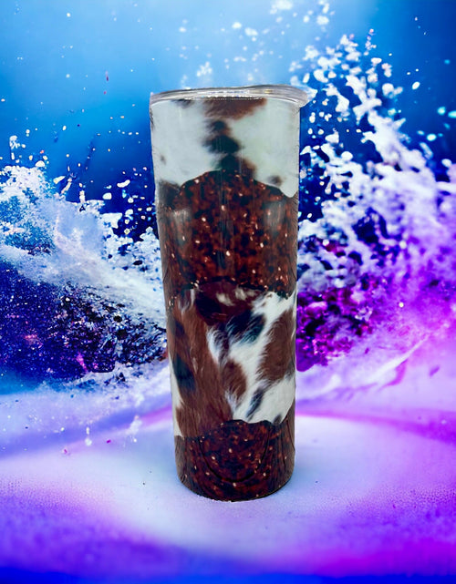 Load image into Gallery viewer, faux cowhide Maroon faux glitter|Skinny Tumbler|Optional Bluetooth Speaker| Speaker Color Varies by Rowdy Ridge Co
