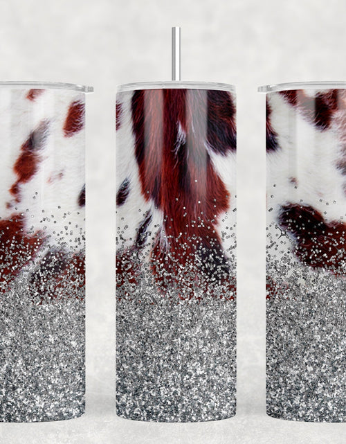 Load image into Gallery viewer, faux cowhide Silver faux glitter|Skinny Tumbler|Optional Bluetooth Speaker| Speaker Color Varies by Rowdy Ridge Co
