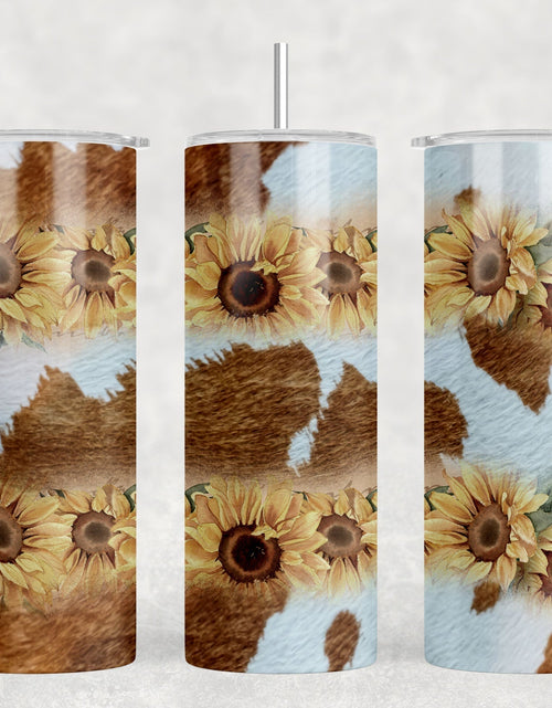 Load image into Gallery viewer, faux cowhide Sunflowers - 20 oz Steel Skinny Tumbler - Optional Blue Tooth Speaker - Speaker Color will Vary by Rowdy Ridge Co

