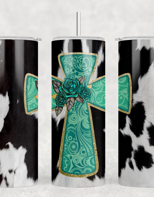 Load image into Gallery viewer, faux cowhide Western Cross|Skinny Tumbler|Optional Bluetooth Speaker| Speaker Color Varies by Rowdy Ridge Co
