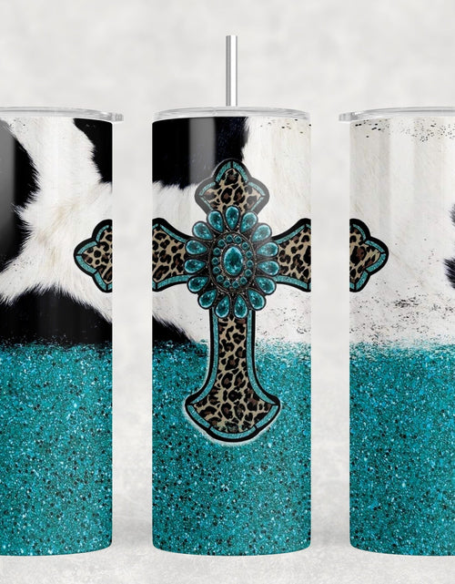Load image into Gallery viewer, faux cowhide Western Cross|Skinny Tumbler|Optional Bluetooth Speaker| Speaker Color Varies by Rowdy Ridge Co
