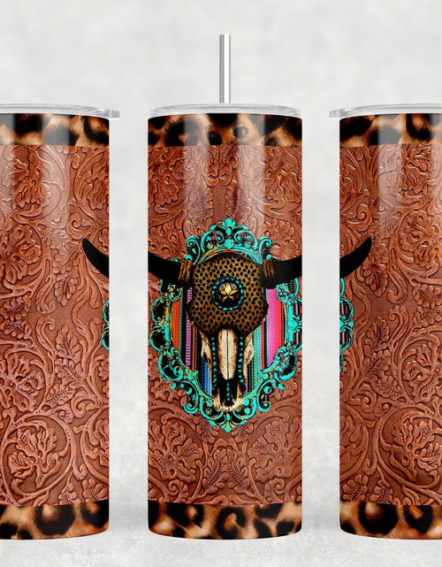 Load image into Gallery viewer, faux leather Bull Skull  - 20 oz Steel Skinny Tumbler - Optional Blue Tooth Speaker - Speaker Color will Vary by Rowdy Ridge Co
