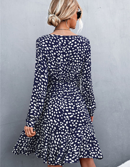Load image into Gallery viewer, Printed V-Neck Tie Belt Ruffle Hem Mini Dress
