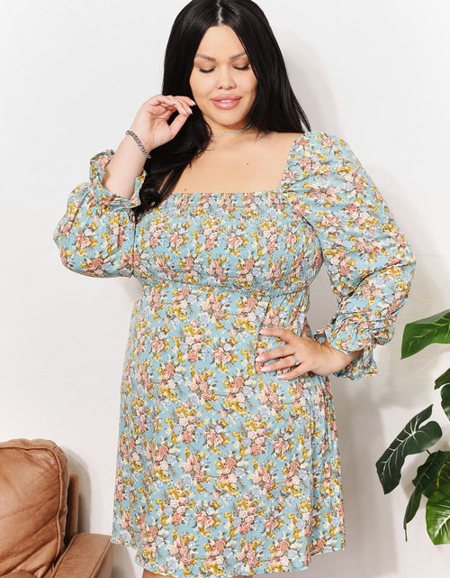 Load image into Gallery viewer, Honey Floral Smocked Flounce Sleeve Square Neck Dress

