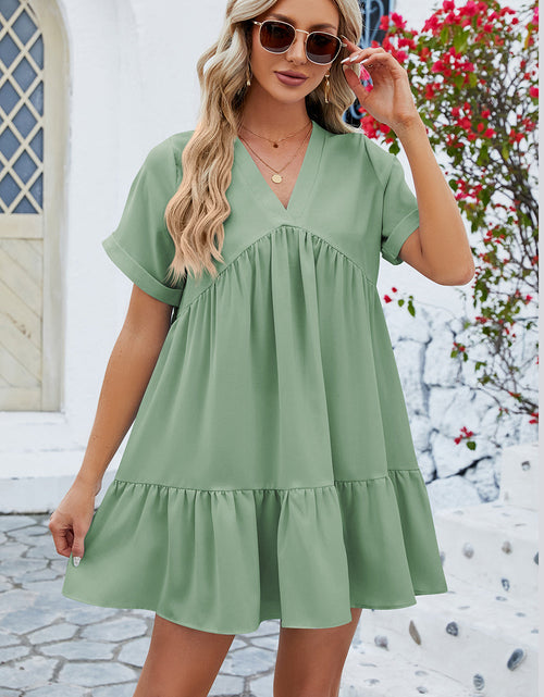 Load image into Gallery viewer, Ruched Tiered V-Neck Short Sleeve Mini Dress
