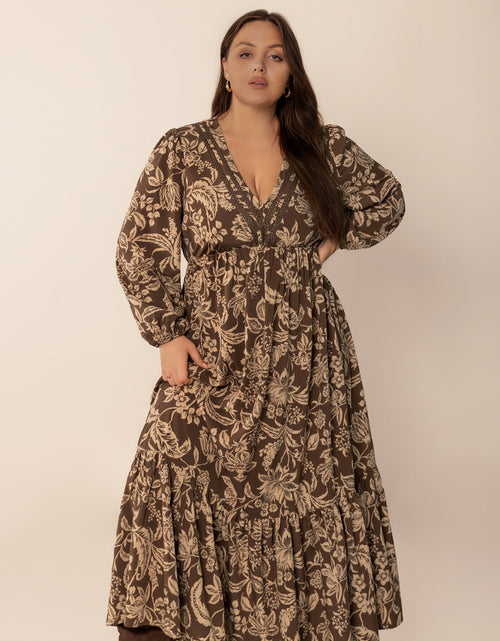 Load image into Gallery viewer, Plus Size Printed V-Neck Balloon Sleeve Maxi Dress
