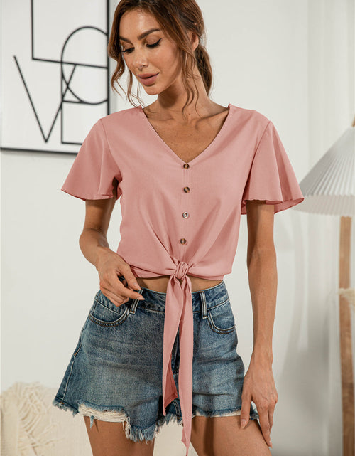 Load image into Gallery viewer, Decorative Button V-Neck Tied Blouse
