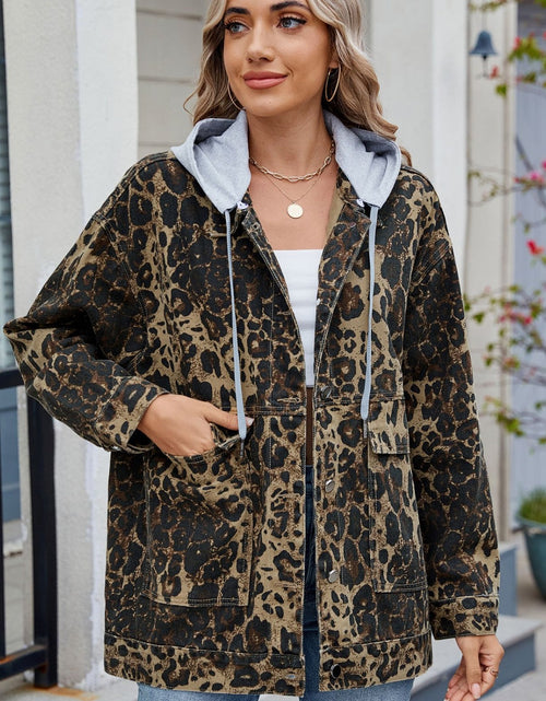 Load image into Gallery viewer, Leopard Button Up Drop Shoulder Denim Jacket
