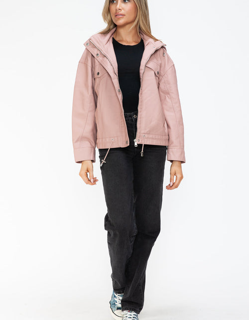 Load image into Gallery viewer, How Dare U Drawstring Hem PU Leather Zip Up Jacket
