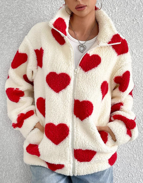 Load image into Gallery viewer, Heart Zip Up Drop Shoulder Furry Jacket
