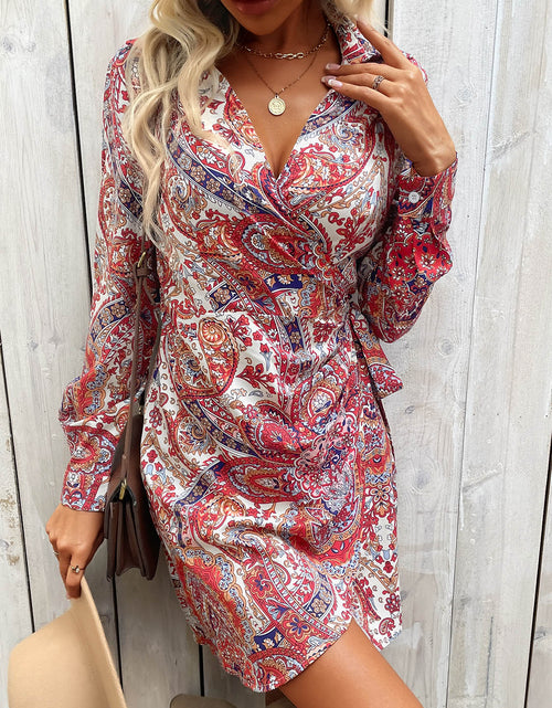 Load image into Gallery viewer, Perfee Tied Printed Long Sleeve Mini Dress

