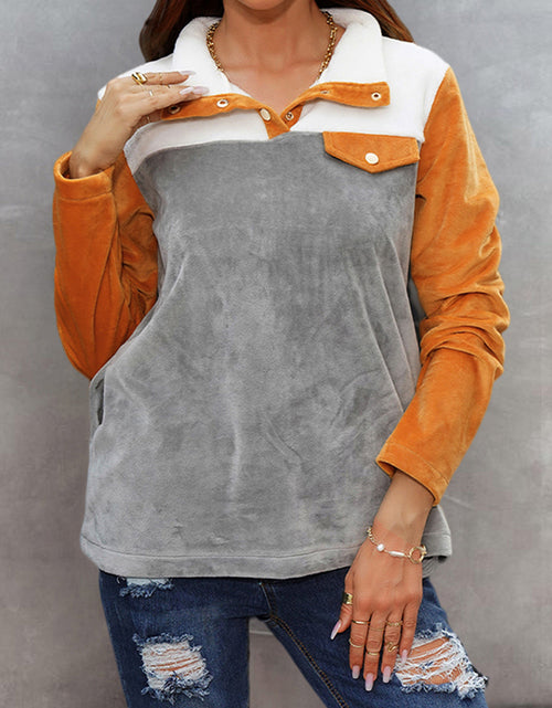 Load image into Gallery viewer, Shiny Color Block Collared Sweatshirt with Pockets
