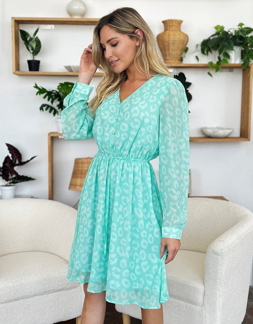 Load image into Gallery viewer, Double Take Full Size Printed Ruched V-Neck Long Sleeve Dress
