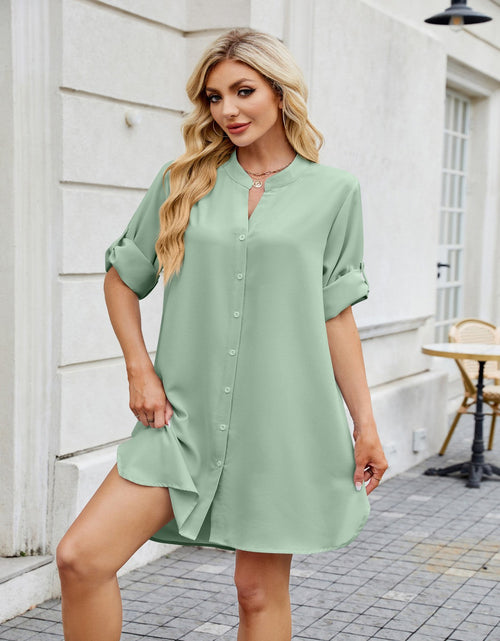 Load image into Gallery viewer, Notched Long Sleeve Mini Shirt Dress
