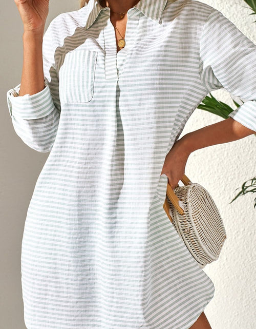 Load image into Gallery viewer, Striped Johnny Collar Long Sleeve Mini Shirt Dress
