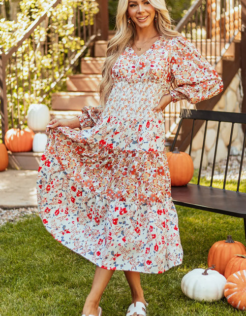 Load image into Gallery viewer, Full Size Printed V-Neck Lantern Sleeve Midi Dress
