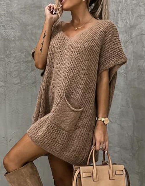 Load image into Gallery viewer, Short Sleeve Sweater Dress with Pockets
