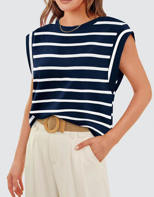 Load image into Gallery viewer, Striped Round Neck Cap Sleeve T-Shirt
