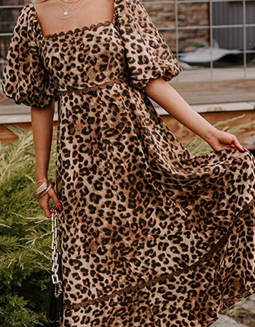 Load image into Gallery viewer, Leopard Square Neck Puff Sleeve Maxi Dress
