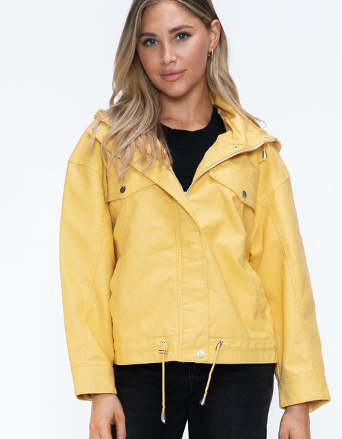 Load image into Gallery viewer, How Dare U Drawstring Hem PU Leather Zip Up Jacket
