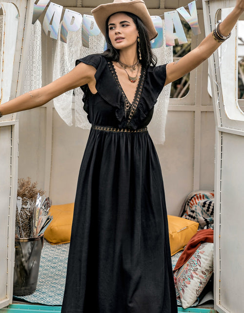 Load image into Gallery viewer, Lace Detail Plunge Cap Sleeve Midi Dress
