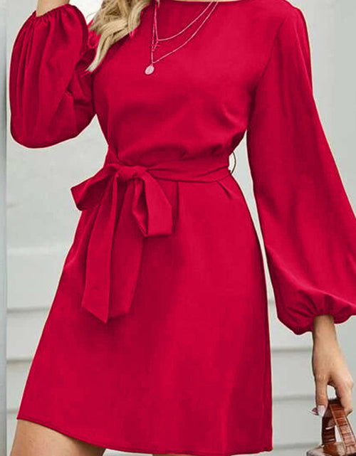 Load image into Gallery viewer, Tied Boat Neck Balloon Sleeve Mini Dress
