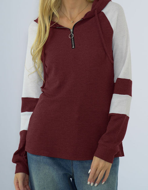 Load image into Gallery viewer, Shiny Waffle-Knit Raglan Sleeve Zipper Front Hoody
