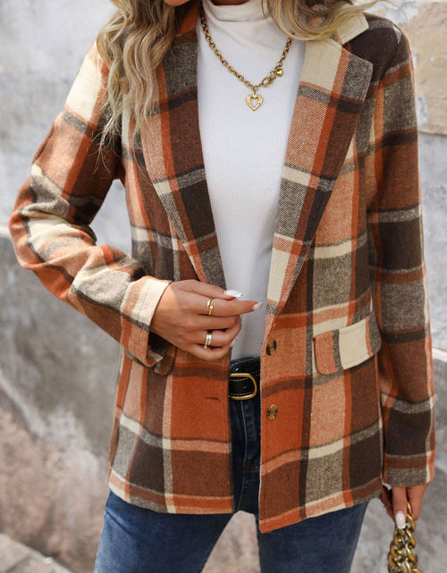 Load image into Gallery viewer, Perfee Plaid Button Down Lapel Collar Blazer
