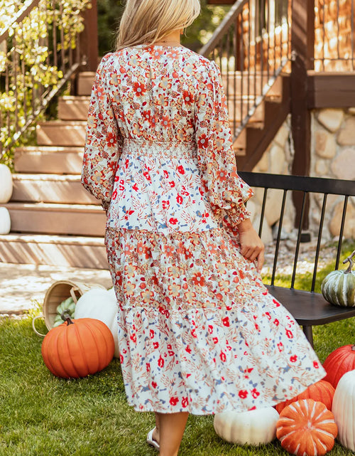 Load image into Gallery viewer, Full Size Printed V-Neck Lantern Sleeve Midi Dress

