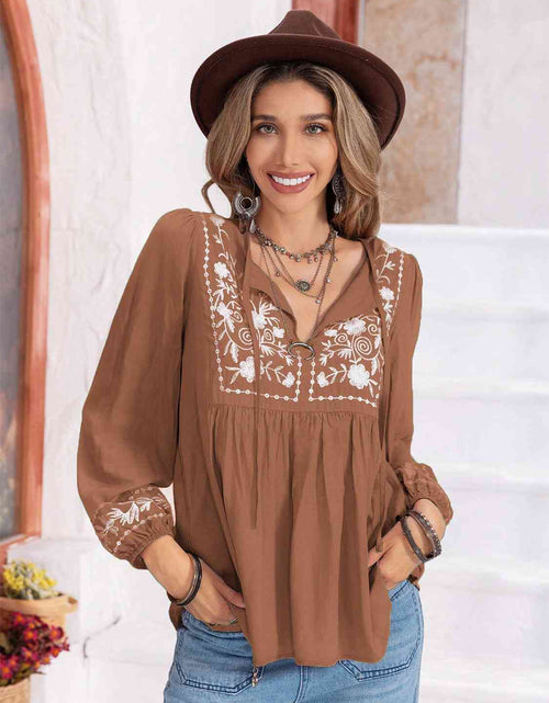 Load image into Gallery viewer, Floral Tie Neck Balloon Sleeve Blouse
