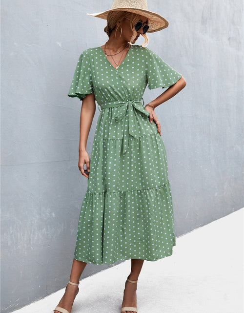 Load image into Gallery viewer, Printed V-Neck Flutter Sleeve Belted Dress
