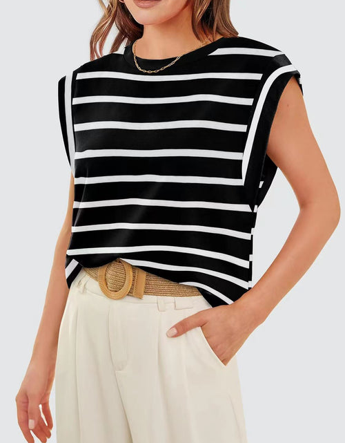 Load image into Gallery viewer, Striped Round Neck Cap Sleeve T-Shirt
