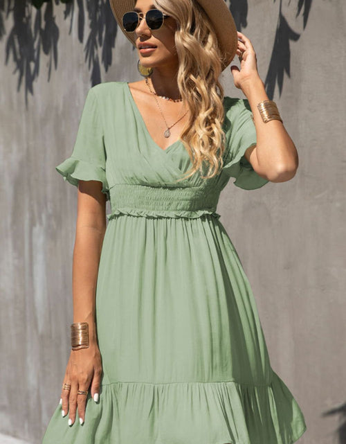 Load image into Gallery viewer, Shiny Smocked Waist Flounce Sleeve Ruffle Hem Dress
