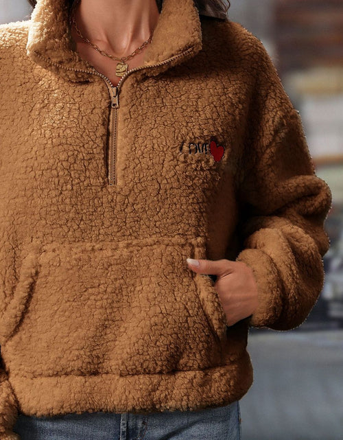 Load image into Gallery viewer, Heart Half Zip Long Sleeve Teddy Sweatshirt
