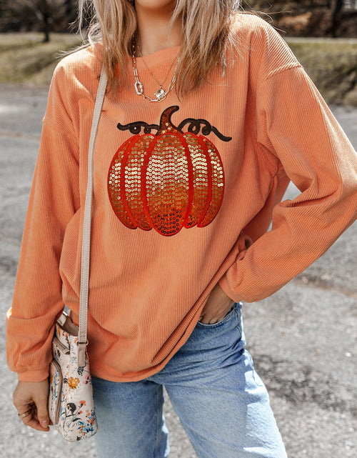 Load image into Gallery viewer, Sequin Pumpkin Round Neck Long Sleeve Sweatshirt
