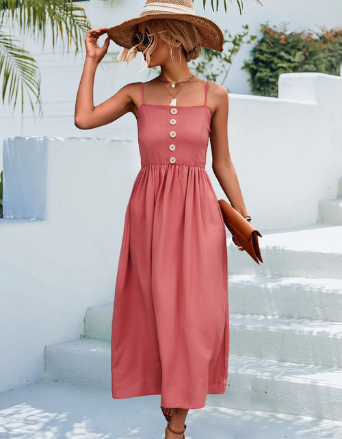 Load image into Gallery viewer, Decorative Button Spaghetti Strap Midi Dress
