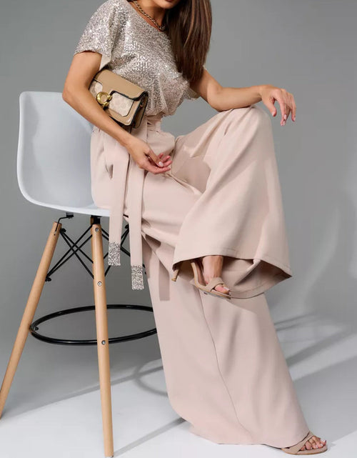 Load image into Gallery viewer, Full Size Sequin Round Neck Short Sleeve Wide Leg Jumpsuit
