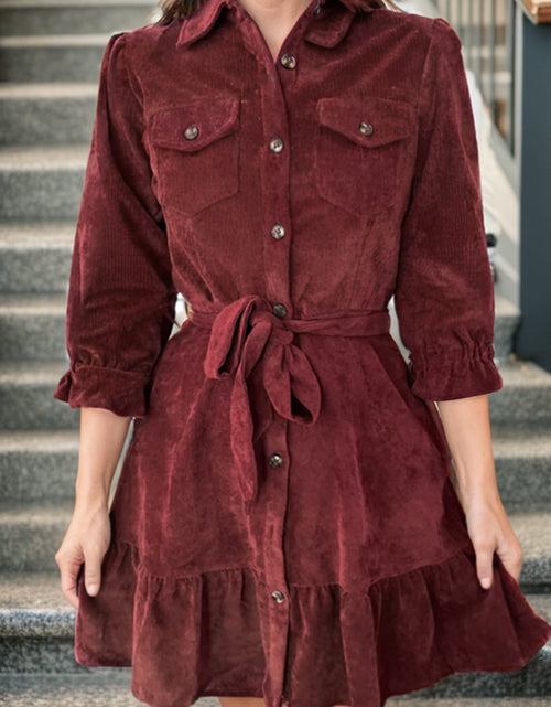 Load image into Gallery viewer, Tied Button Up Ruffle Hem Dress
