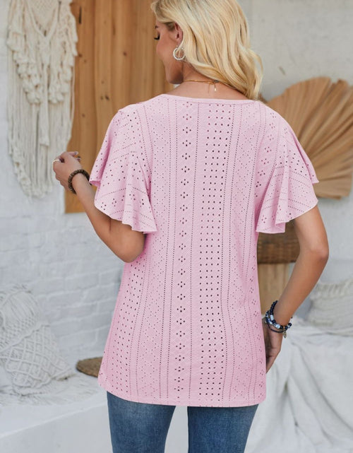 Load image into Gallery viewer, Eyelet Applique V-Neck Cap Sleeve T-Shirt
