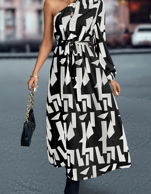 Load image into Gallery viewer, Printed One-Shoulder Tie Waist Dress

