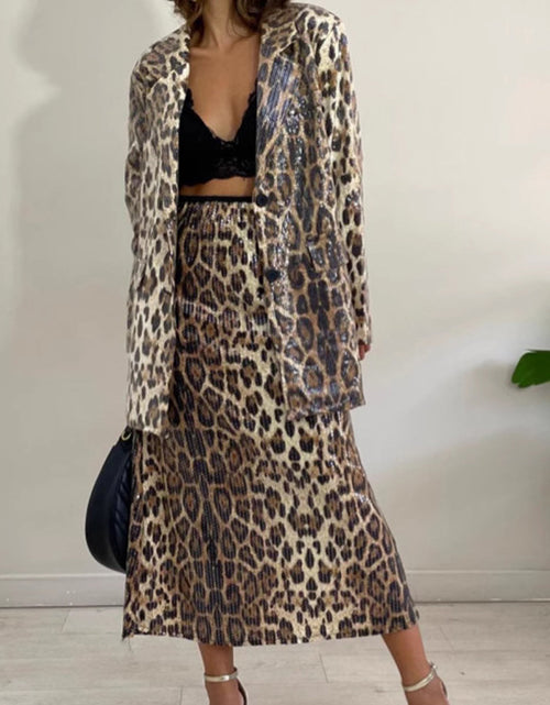 Load image into Gallery viewer, Leopard Lapel Collar Long Sleeve Longline Blazer
