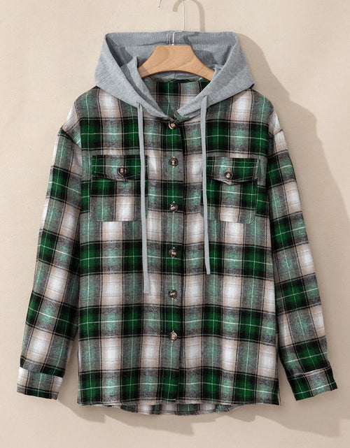 Load image into Gallery viewer, Drawstring Pocketed Plaid Hooded Jacket

