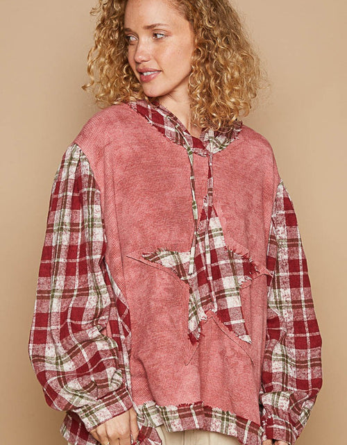 Load image into Gallery viewer, POL Star Patch Plaid Long Sleeve Hooded Top
