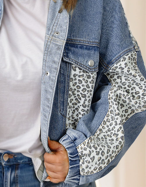 Load image into Gallery viewer, Plus Size Leopard Long Sleeve Denim Jacket
