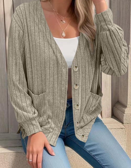 Load image into Gallery viewer, Full Size Button Up V-Neck Long Sleeve Cardigan
