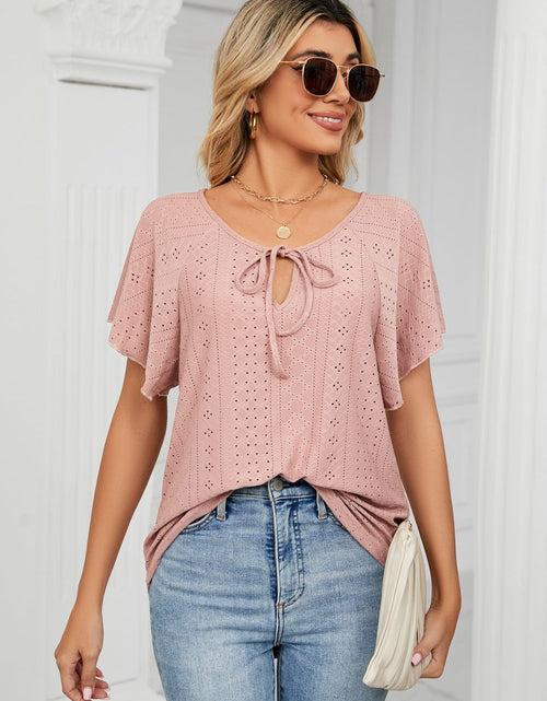 Load image into Gallery viewer, Eyelet Tie-Neck Flutter Sleeve Top
