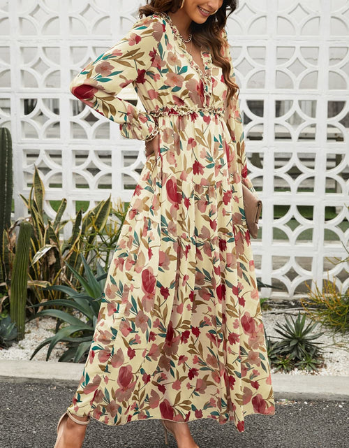 Load image into Gallery viewer, Floral Frill Trim Flounce Sleeve Plunge Maxi Dress
