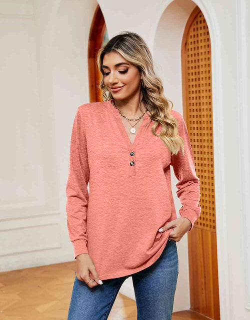 Load image into Gallery viewer, Buttoned Notched Neck Long Sleeve Top
